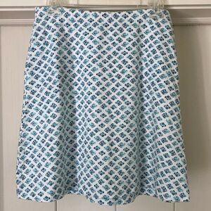 J Jill Cotton Jersey Stretch Knit Pull on Skirt White Blue Fish Size XS